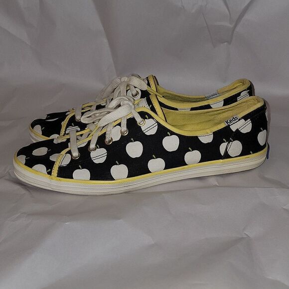 Kate Spade Keds Black Apple Print Lace Up Casual Champion Sneakers Women Size 10 - Picture 3 of 10